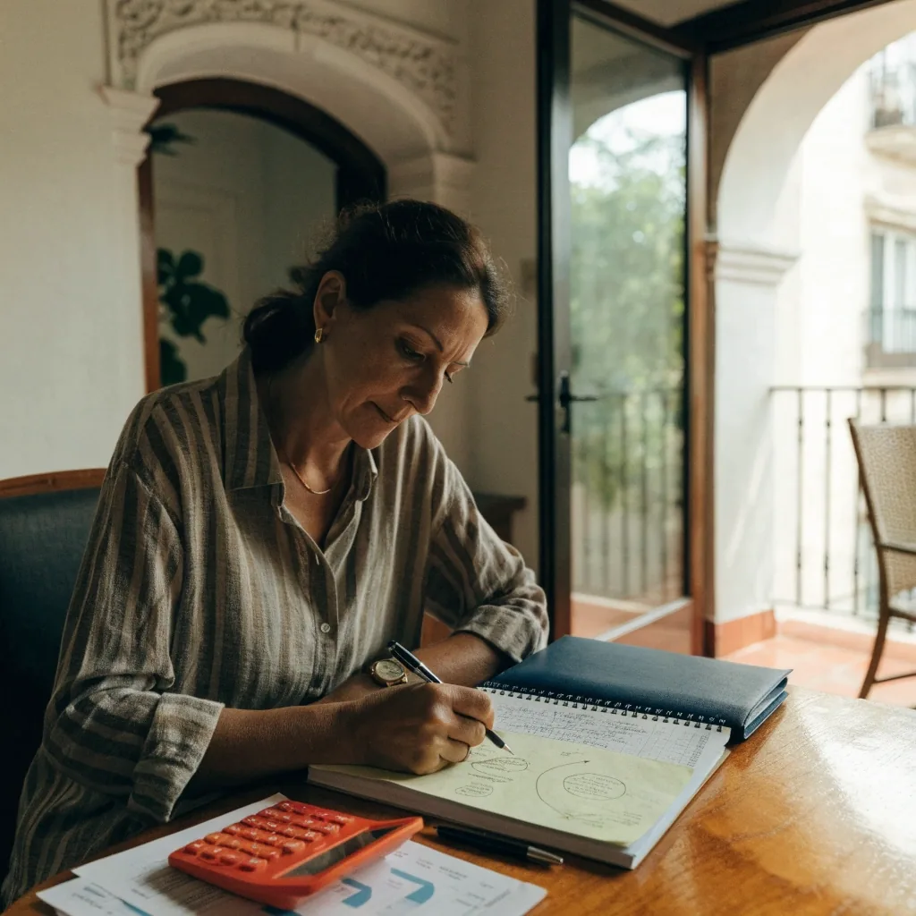 Autónoma revisando sus finanzas al final de la jornada