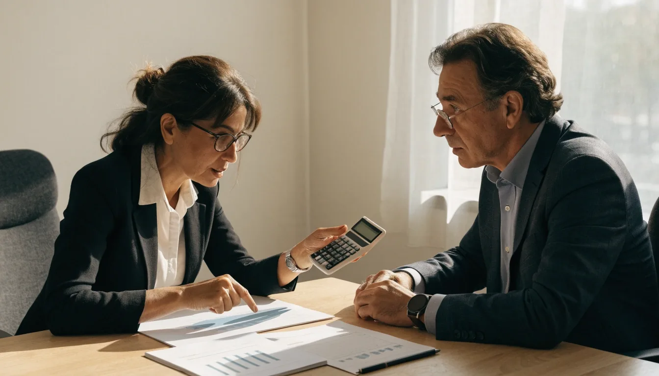 Pareja mayor revisando documentos de su pensión en casa