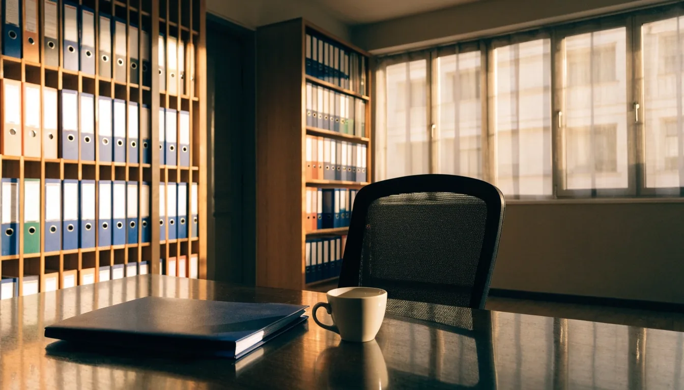 Despacho de asesoramiento en Barcelona con carpetas cerradas sobre la mesa y ventanal al fondo