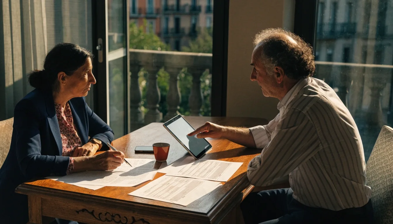 Dos personas revisando documentos de pensiones en una mesa junto a la ventana