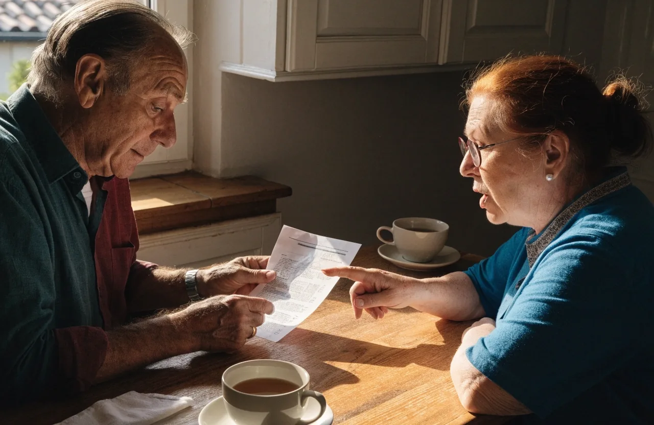 Pareja revisando el importe de su pensión en una carta en la cocina