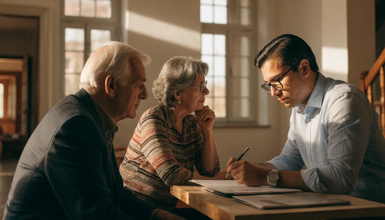 Asesor y matrimonio jubilado revisando opciones de ahorro en una oficina luminosa