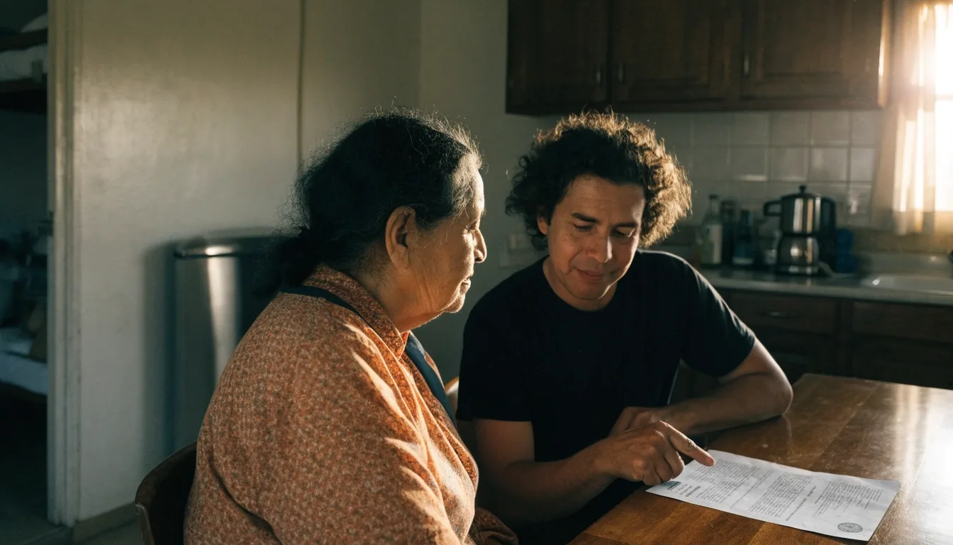 Persona pensionista revisando con un familiar el importe de su pensión en casa