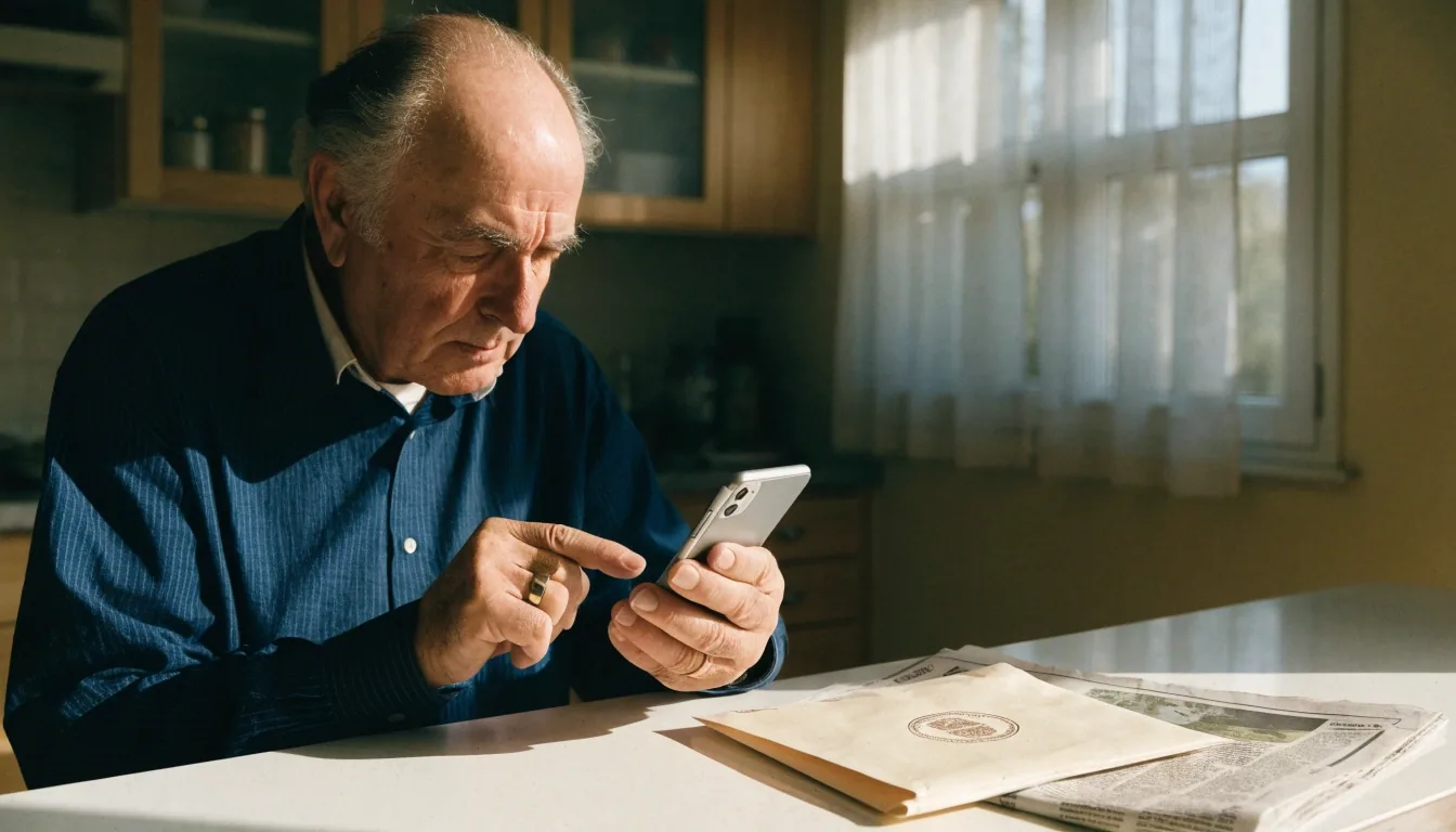 Persona pensionista consultando el detalle de su pensión por internet desde casa