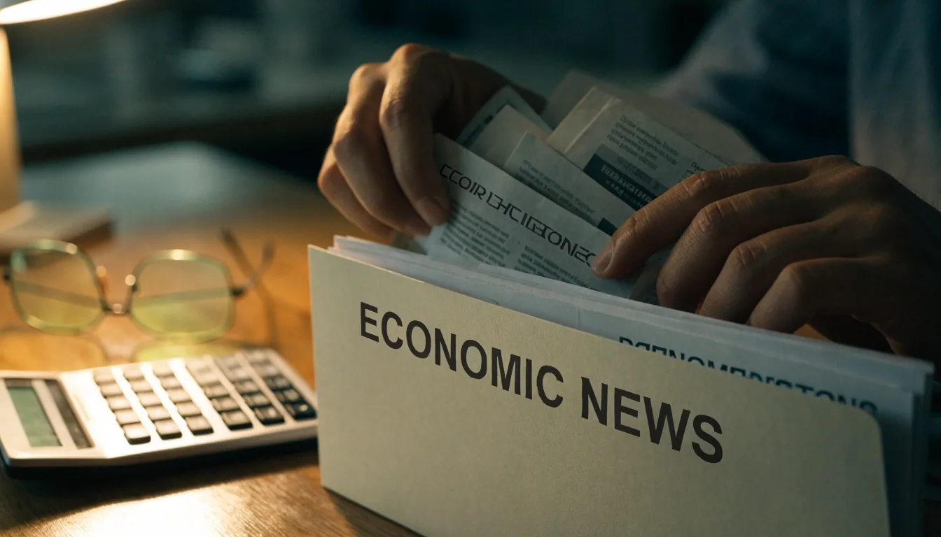 Carpeta de recortes de prensa económica y calculadora sobre una mesa de trabajo