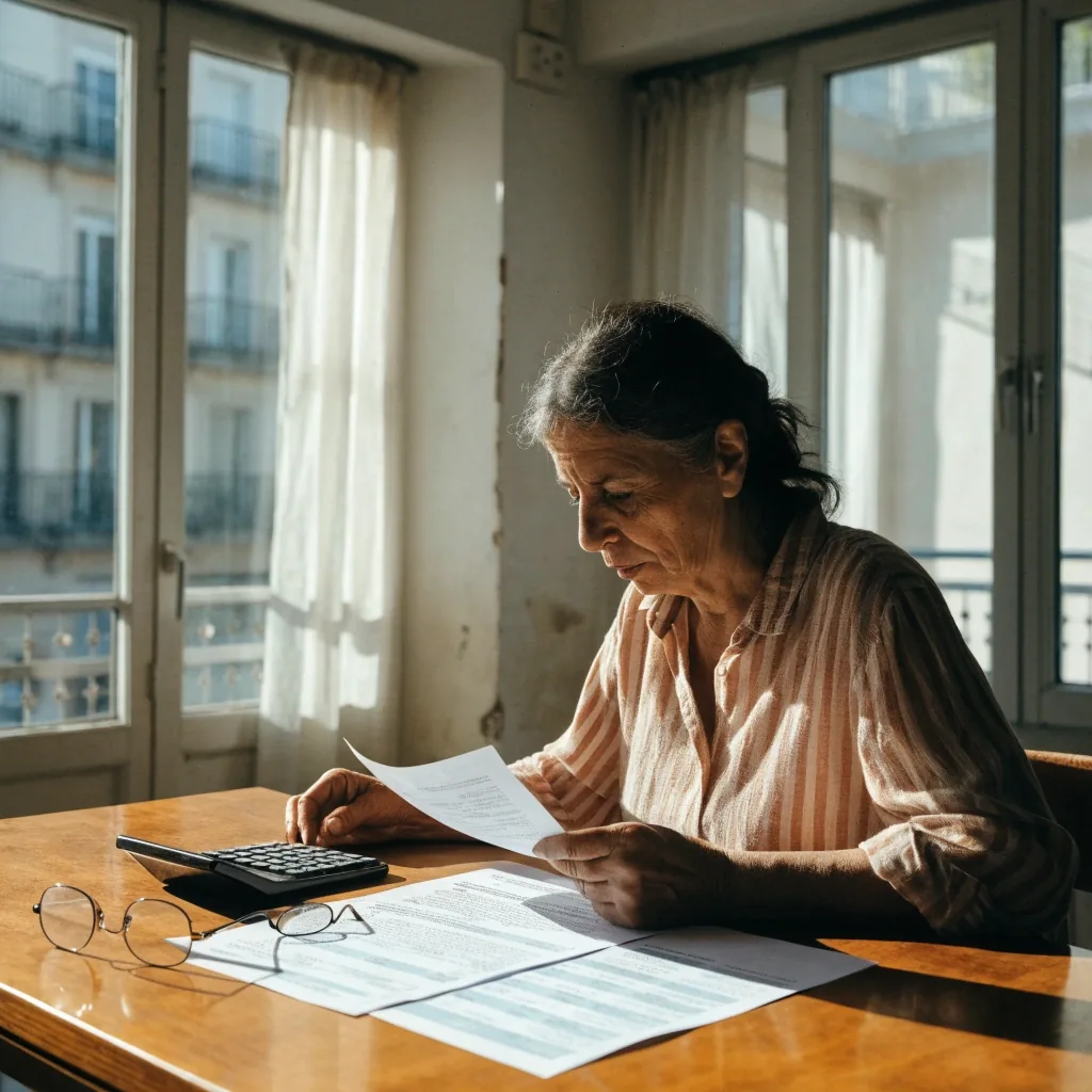 Mujer revisando en casa la documentación de su pensión junto a una calculadora