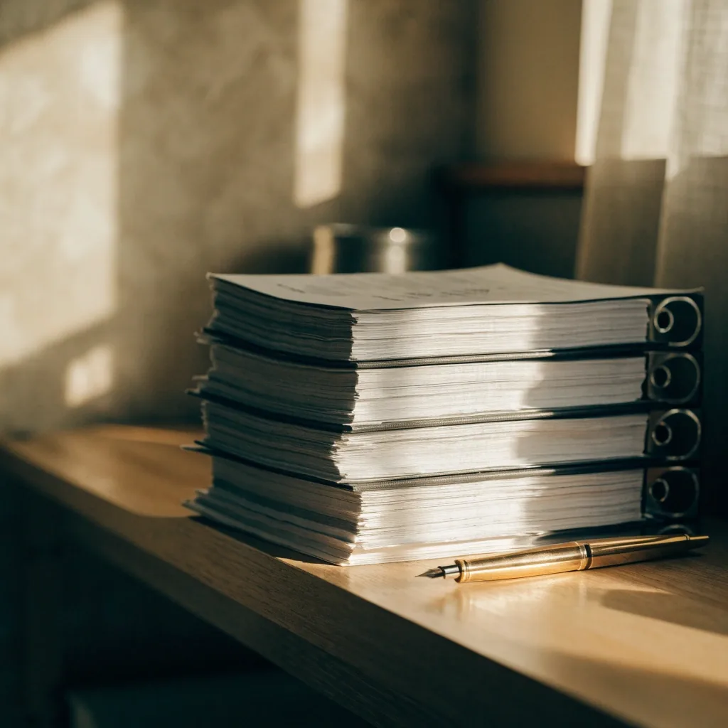 Escritorio con documentos de pensiones y cuaderno junto a una ventana